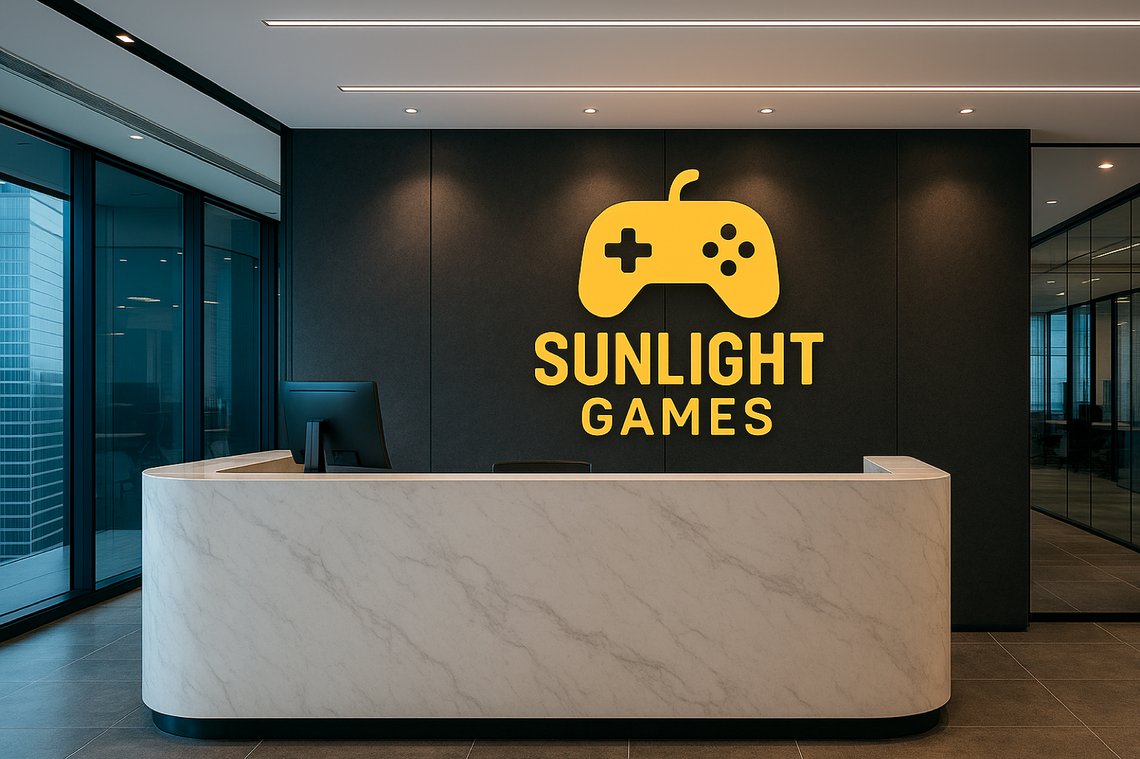Sunlight Games office reception featuring the Sunlight Games brand